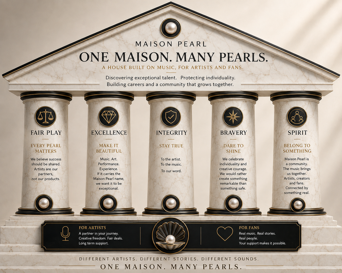 Maison Pearl values temple: five marble pillars — Fair Play, Excellence, Integrity, Bravery and Spirit — beneath the motto One Maison. Many Pearls.