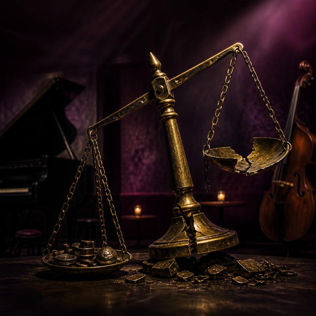A cracked, unbalanced brass scale symbolising the broken traditional music industry model