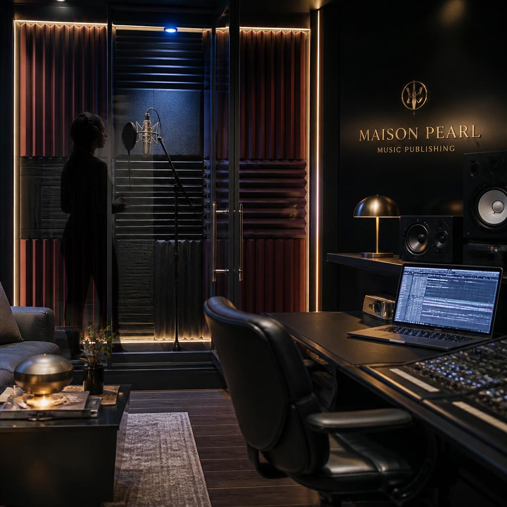 A modern Maison Pearl vocal booth with LED-lit glass, acoustic treatment, studio monitors and a DAW laptop.