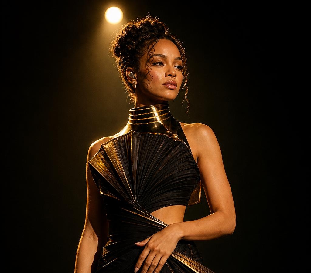 A mixed-race eccentric music artist in bold avant-garde fashion under stage lighting