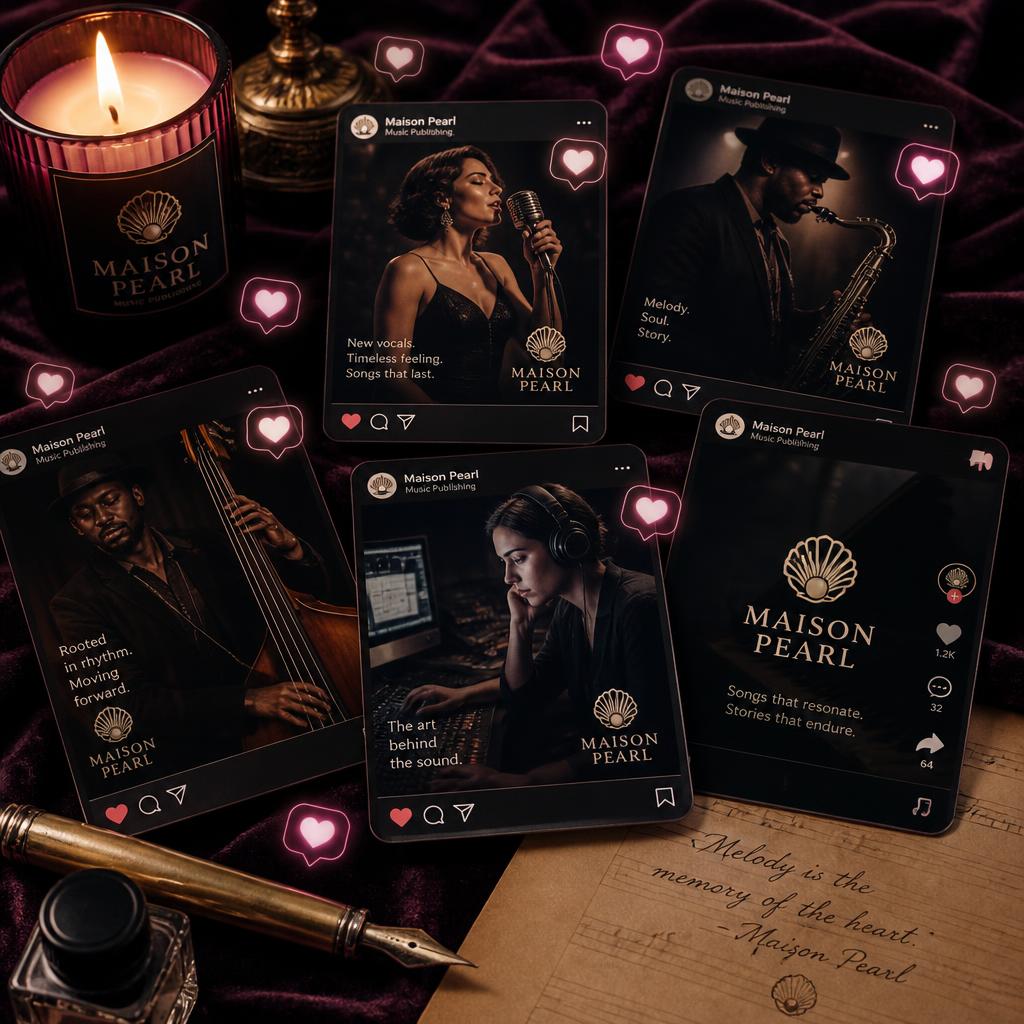 Instagram and TikTok-style posts showing Maison Pearl artists with glowing heart and like icons floating above the cards.